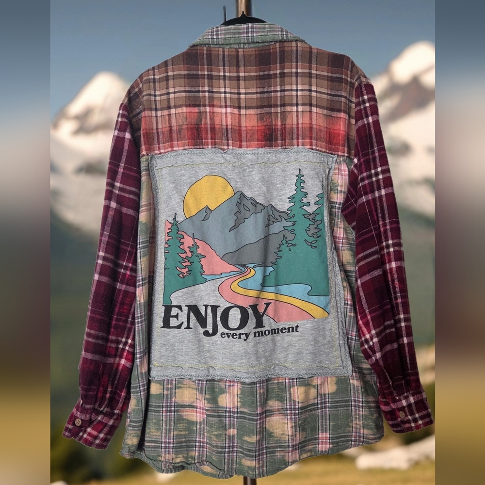 Upcycled ENJOY EVERY MOMENT graphic Tshirt Distressed Flannel Shirt